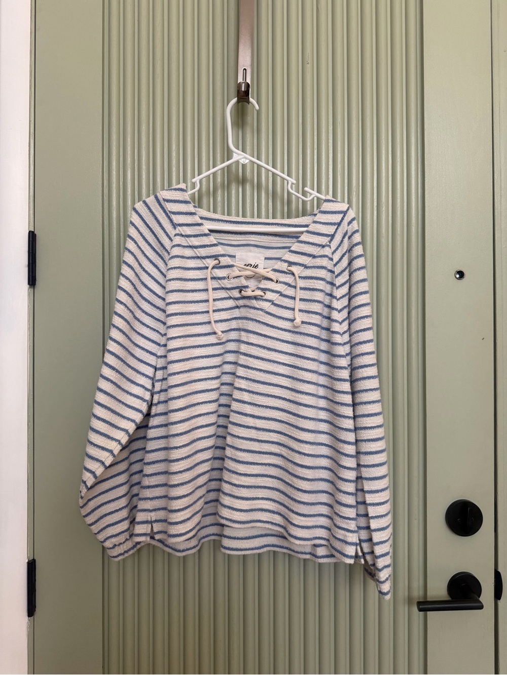 aerie Cream and Light Blue Striped Lace-Up Knit Top